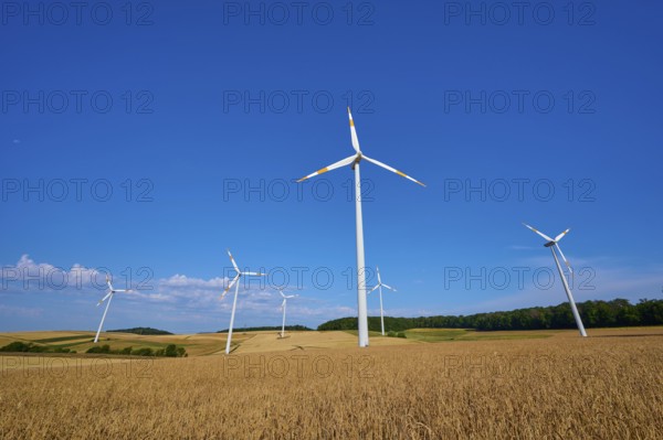 Wind turbines overlook a wide field under a clear blue sky, summer, Wenkheim, Werbach, Baden-Württemberg, Germany