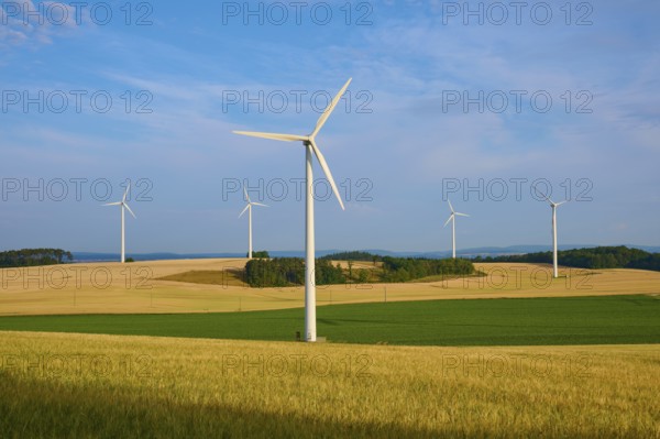 Wind turbines in a wide, green landscape under a clear sky, summer, Höhefeld, Wertheim, Baden-Württemberg, Germany