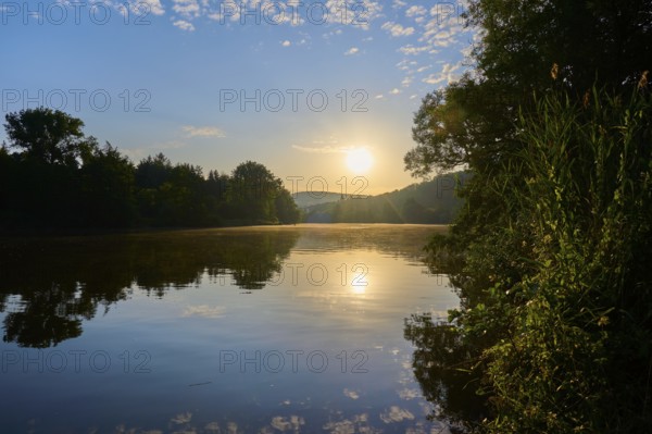 Sunbeams illuminate the calm river Main and the surrounding trees, the clear sky is gently illuminated, summer, Grünenwört, Wertheim, Main, Main-Tauber-Kreis, Baden-Württemberg, Germany