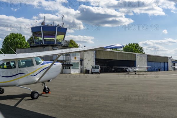 Schwarze Heide airfield, in Hünxe, northern Ruhr area, commercial airfield, tower, apron, hangar, North Rhine-Westphalia, Germany