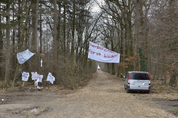 View of a march to Hambach Forest, with banners to draw attention to the threat of deforestation. The forest became a nationally recognised symbol of resistance against the expansion of lignite mining and the fight against progressive climate change and global warming. Environmental activists and climate activists lived in tree houses for years to protest against deforestation. Hambach Forest, Düren district, North Rhine-Westphalia, Germany, Western Europe