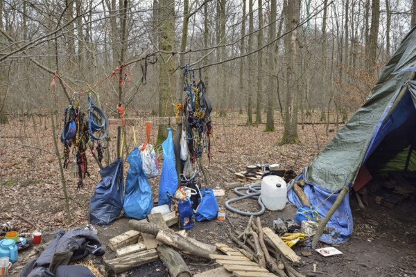 Climbing harness in the protest camp in Hambach Forest (North Rhine-Westphalia) Hambach Forest has become a nationally recognised symbol of resistance to the expansion of lignite mining and the fight against progressive climate change and global warming. Large parts of the forest were cleared to make way for RWE's open-cast mine. Environmental activists, climate activists lived in tree houses for years to protest against deforestation, Düren district, North Rhine-Westphalia, Germany, Western Europe