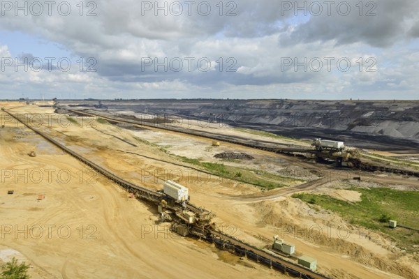 View into the opencast mine... Lignite (Garzweiler, North Rhine-Westphalia, Rhenish mining area), view into the mining pit from the public viewpoint Jackerath, called skywalk, Germany, Western Europe