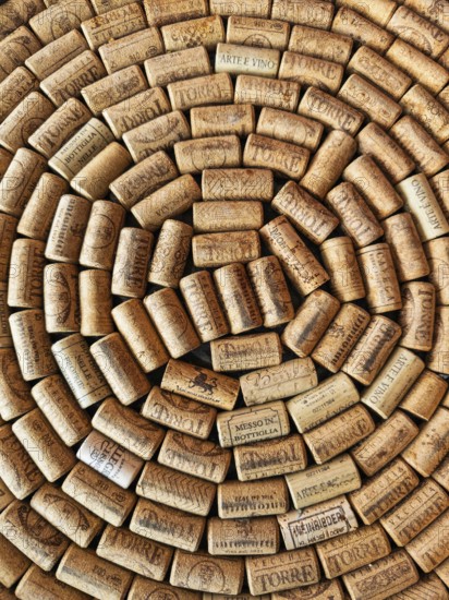 A large number of wine corks laid close together in a spiral pattern. The corks come from different wineries and bear various imprints, logos and lettering, some in Italian or German