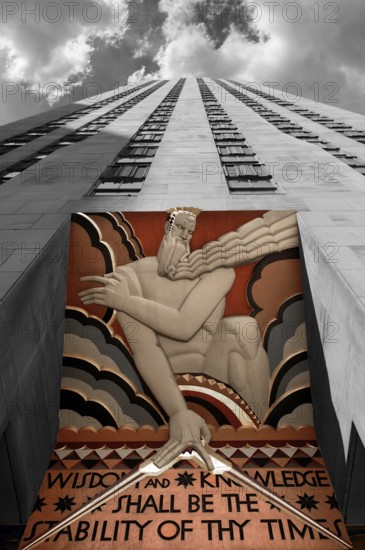 Art Deco relief on the Rockefeller Centre (office building), New York City, USA