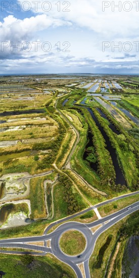 Panorama of The Lilleau des Niges National Nature Reserve from a drone, The salt marshes, Saint-Clement-des-Baleines, Atlantic, France