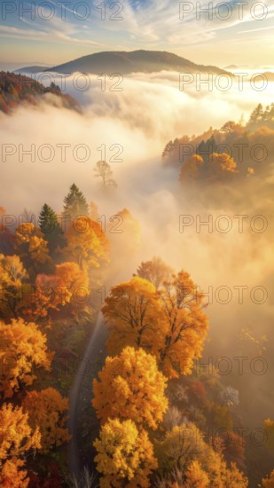Mystical foggy landscape in autumn, colorful forest with fog in an aerial drone view, AI generated
