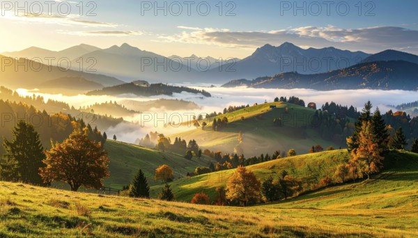 Mystical foggy landscape in autumn, colorful trees in fog, misty mood nature atmosphere, AI generated