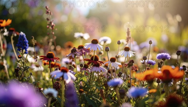 Bee-friendly garden design, colorful variety of blooming flowers in the summer, AI generated