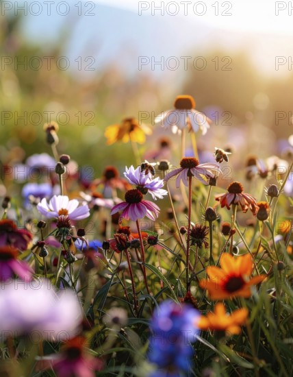 Bee-friendly garden design, colorful variety of blooming flowers in the summer, AI generated