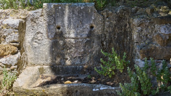 An old stone wall with decorations, surrounded by plants in the shade, Stone fountain, Abandoned village, Lost place, Pyli, Paleo Pyli, Byzantine fortress, Kos, Dodecanese, Greek Islands, Greece