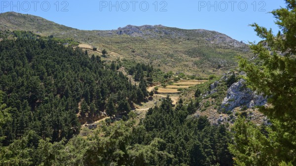 A wide view over wooded mountain slopes and valleys under a blue sky, Abandoned Village, Lost Place, Pyli, Paleo Pyli, Byzantine Fortress, Kos, Dodecanese, Greek Islands, Greece