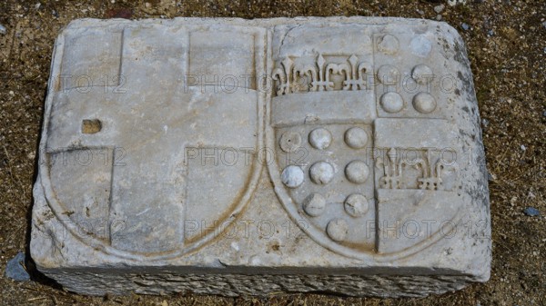 Ancient stone slab with engraved coats of arms and symbols, Abandoned Village, Lost Place, Pyli, Paleo Pyli, Byzantine Fortress, Kos, Dodecanese, Greek Islands, Greece