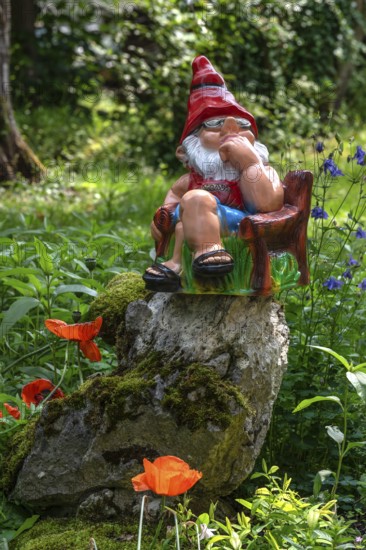 Sitting garden gnome in a garden, Bavaria, Germany
