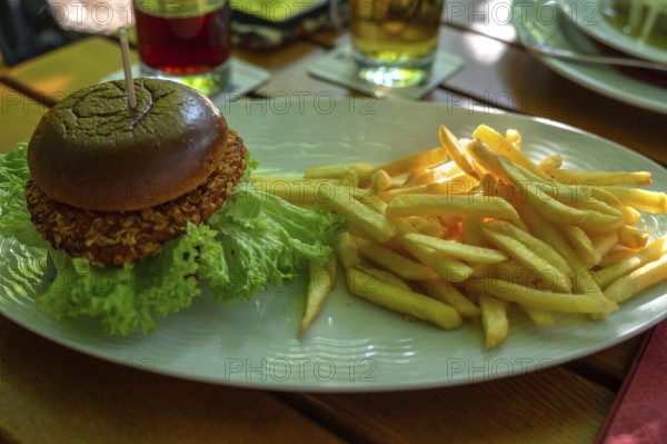 Hamburger with French fries, served in a beer garden, Franconia, Bavaria, Germany