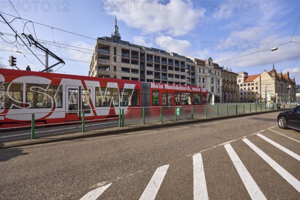 Tram stop Domplatz, overhead lines, tram, street, general architecture, blue sky, cumulus clouds, Breiter Weg, Magdeburg, state capital, independent city, Saxony-Anhalt, Germany