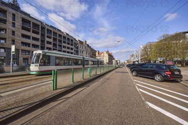 Domplatz tram stop, tram, overhead lines, tram tracks, parking boxes, vehicles, general architecture, street, blue sky, cumulus clouds, Breiter Weg, Magdeburg, state capital, independent city, Saxony-Anhalt, Germany