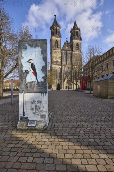 Part of the Berlin Wall, memorial to the fall of the Berlin Wall, cathedral, blue sky, cumulus clouds, cathedral square, Magdeburg, state capital, independent city, Saxony-Anhalt, Germany