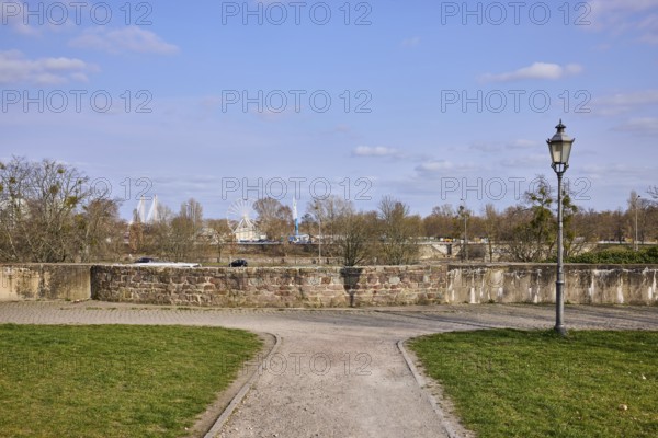 Park, lantern, city fortification, city wall, bare wintry trees, blue sky, cumulus clouds, Magdeburg, state capital, independent city, Saxony-Anhalt, Germany