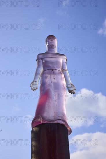 Mechthild von Magdeburg, sculptor Susan Turcot, sculpture, transparent plastic, blue sky, cumulus clouds, Magdeburg, state capital, independent city, Saxony-Anhalt, Germany