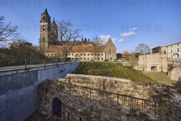 Magdeburg Cathedral, Gothic architectural style, Cleve bastion, Cleve defence defence tower, city fortifications, lawn, metal railings, shade, bare winter trees, blue sky, cumulus clouds, Am Dom, Magdeburg, state capital, independent city, Saxony-Anhalt, Germany
