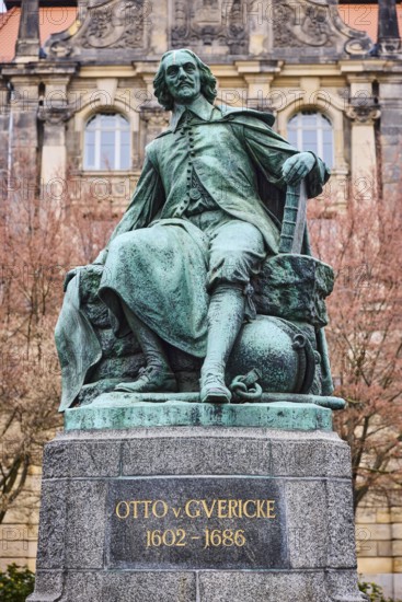 Monument to Otto von Guericke, sandstone building, public order office, bare winter trees, historic city centre, near the main guardhouse, Magdeburg, state capital, independent city, Saxony-Anhalt, Germany