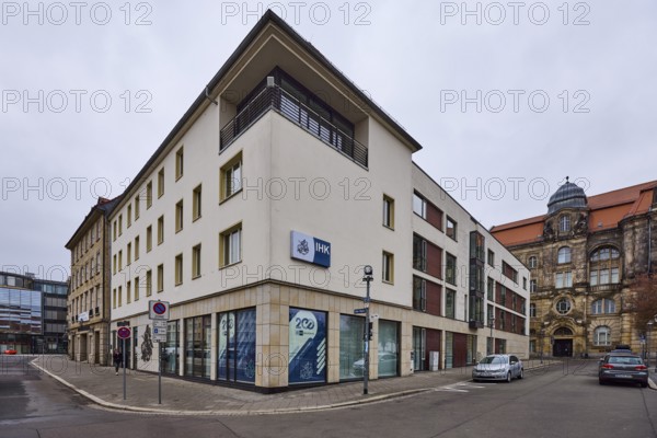 Chamber of Industry and Commerce, IHK, building, historic city centre, diffuse light, cloudy, intersection Alter Markt with Bei der Hauptwache, Magdeburg, state capital, independent city, Saxony-Anhalt, Germany