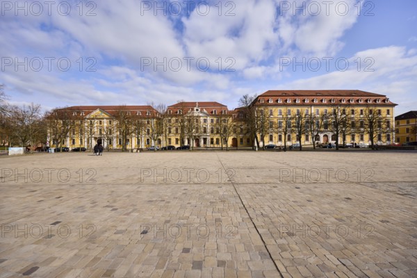 Ministry of Justice, hotel, Motel One, Knautsches Palais, Royal Prussian City Palace, historic houses, baroque architectural style, bare wintry trees, blue sky, cumulus clouds, cathedral square, Magdeburg, state capital, independent city, Saxony-Anhalt, Germany