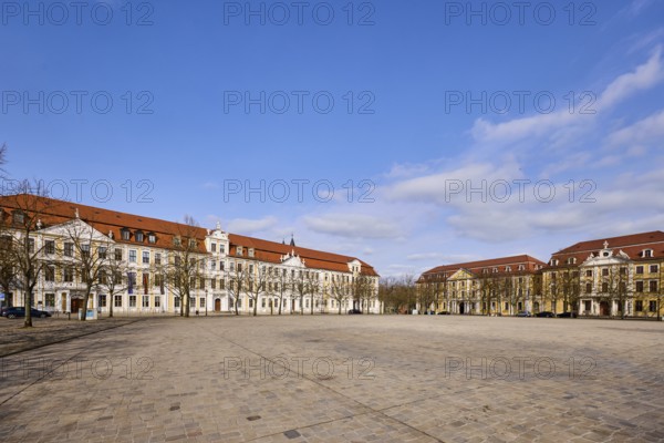 State parliament, hotel, Motel One, Ministry of Justice, row of houses, historic building, baroque architectural style, bare winter trees, square of cobblestones, blue sky, cumulus clouds, cathedral square, Magdeburg, state capital, independent city, Saxony-Anhalt, Germany