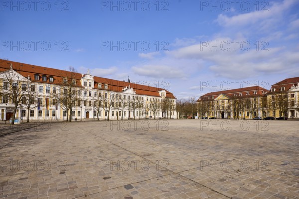 State parliament, hotel, Motel One, row of houses, historic building, baroque architectural style, bare winter trees, cobblestone square, blue sky, cumulus clouds, cathedral square, Magdeburg, state capital, independent city, Saxony-Anhalt, Germany