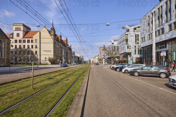 Street, parking boxes, tram tracks, overhead lines, general architecture, vehicles, blue sky, cumulus clouds, Breiter Weg, Magdeburg, state capital, independent city, Saxony-Anhalt, Germany