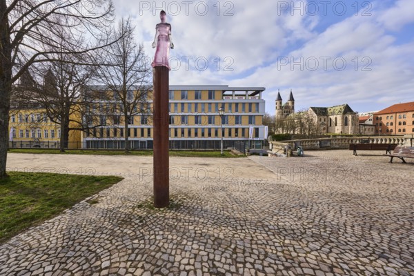 Mechthild von Magdeburg, sculpture, transparent plastic, sculptor Susan Turcot, Kloster Unser Lieben Frauen, church, lawn, bare wintry trees, pavement of cobblestones, general architecture, diffuse light, slightly sunny, blue sky, cumulus clouds, Fürstenwall, Magdeburg, state capital, independent city, Saxony-Anhalt, Germany