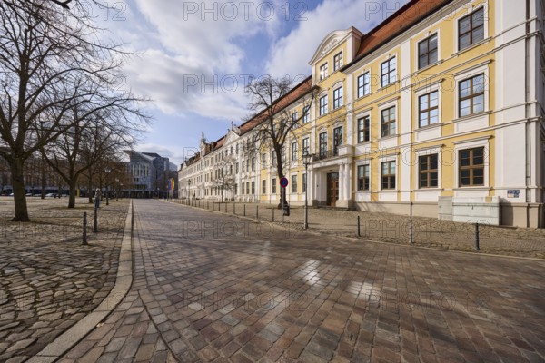 State parliament, historic houses, baroque architectural style, bollards, bare winter trees, cobblestone pavement, square, blue sky, cumulus clouds, cathedral square, Magdeburg, state capital, independent city, Saxony-Anhalt, Germany