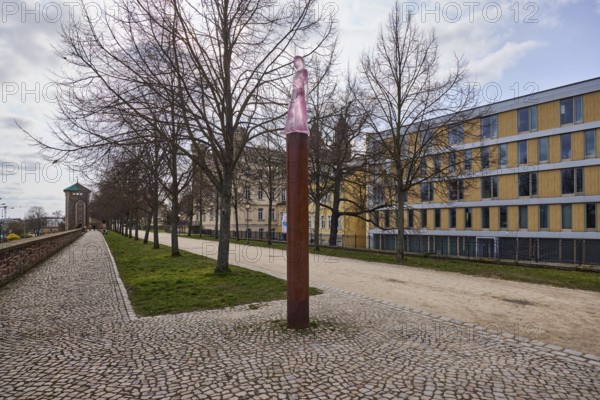 Mechthild von Magdeburg, sculpture, transparent plastic, sculptor Susan Turcot, lawn, bare winter trees, city fortifications, defence defence tower, pavement made of cobblestones, diffuse light, cloudy, Fürstenwall, Magdeburg, state capital, independent city, Saxony-Anhalt, Germany