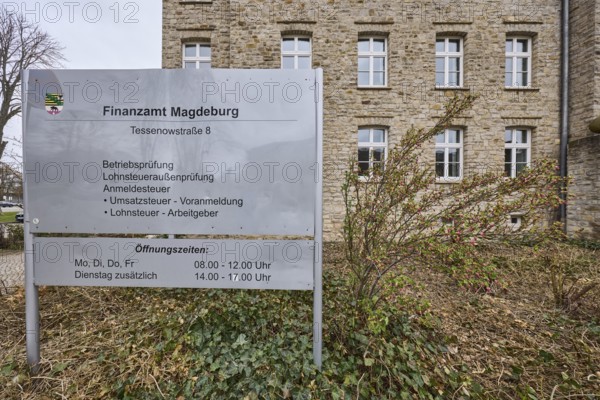 Tax office sign, tax audit, external wage tax audit, registration tax, sales tax, wage tax for employers, sandstone building, diffuse light, cloudy, Tessenowstraße, Magdeburg, state capital, independent city, Saxony-Anhalt, Germany