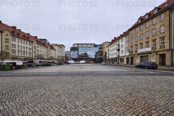 Old town, sandstone building, modern architecture, glass facade, cobblestone square, weekly market market, diffuse light, cloudy, Alter Markt square, Magdeburg, state capital, independent city, Saxony-Anhalt, Germany
