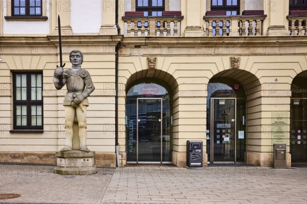 Roland figure, sculptor Martina Seffers, Old Town, sandstone building, façade, town hall, entrance, window, entrance door, diffuse light, Alter Markt, Magdeburg, state capital, independent city, Saxony-Anhalt, Germany