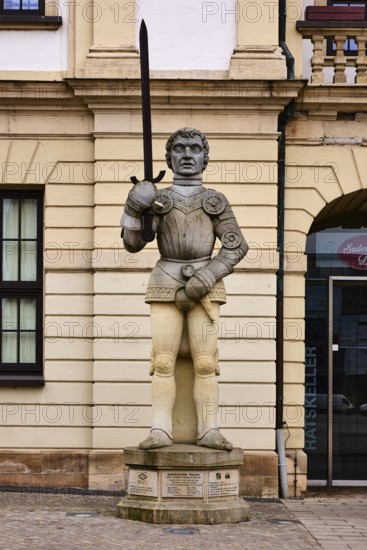 Roland figure, sculptor Martina Seffers, historic city centre, sandstone building, façade, diffuse light, Alter Markt, Magdeburg, state capital, independent city, Saxony-Anhalt, Germany