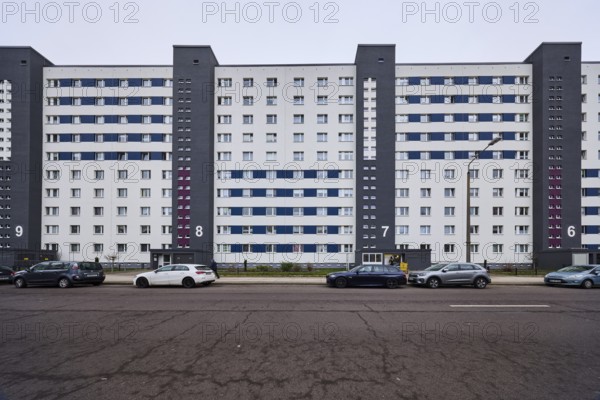 High-rise building, residential building, residential silo, façade with windows, car park with vehicles, diffuse light, cloudy, Salvador-Allende-Straße, Magdeburg, state capital, independent city, Saxony-Anhalt, Germany