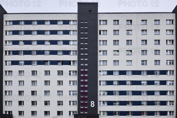 Residential building, high-rise building, residential silo, façade with windows, diffuse light, cloudy, Salvador-Allende-Straße, Magdeburg, state capital, independent city, Saxony-Anhalt, Germany