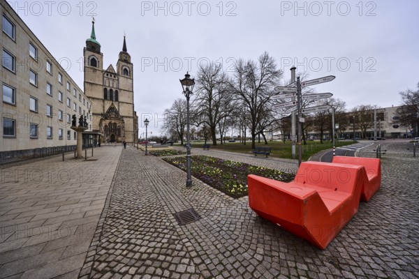 Town hall, St John's Church, sandstone building, church, lantern, bench, flower bed, bare winter trees, signpost, pavement made of cobblestones, paving slabs, diffuse light, cloudy, Alter Markt, Magdeburg, state capital, independent city, Saxony-Anhalt, Germany