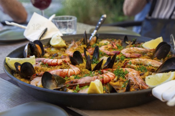 Close-up of a paella with scampi and other seafood