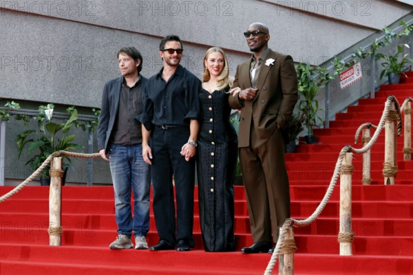 Director Gareth Edwards, Jonathan Bailey, Scarlett Johansson and Mahershala Ali at the German premiere of Jurassic World at the Zoo Palast in Berlin on 18 June 2025