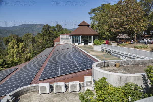 Solar panel array outside the Hall of Inspiration within the Doi Tung tourist attraction in Chiang Rai, Thailand