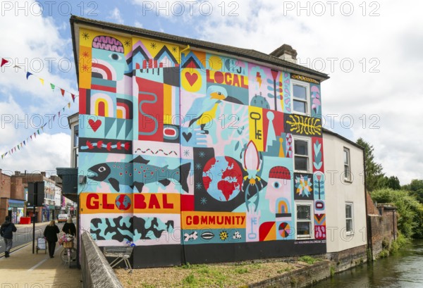 Colourful mural on wall of building by Salisbury Civic Society 2023, Fisherton Street, Salisbury, Wiltshire, England, UK