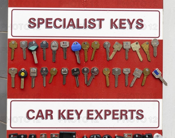 Close up display of keys outside Timpson locksmith shop, Salisbury, Wiltshire, England, UK