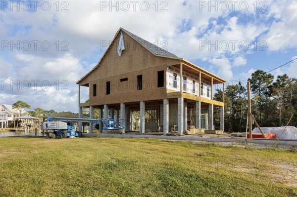 Elevated custom home under construction in Pass Christian, Mississippi