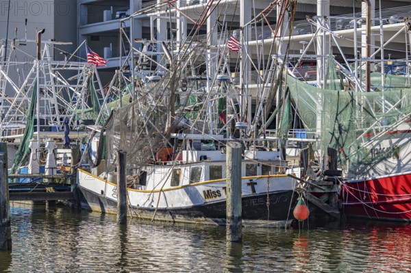 Commercial fishing boats at dock in the commercial section of the Biloxi Small Craft Harbor in Biloxi, MS
