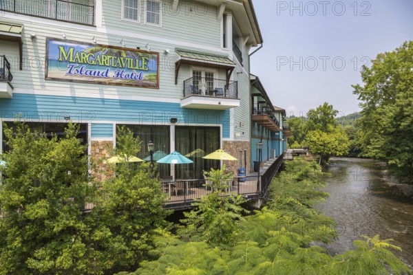 Balcony of the Margaritaville Island Hotel along the water at The Island recreation center in Pigeon Forge, Tennessee