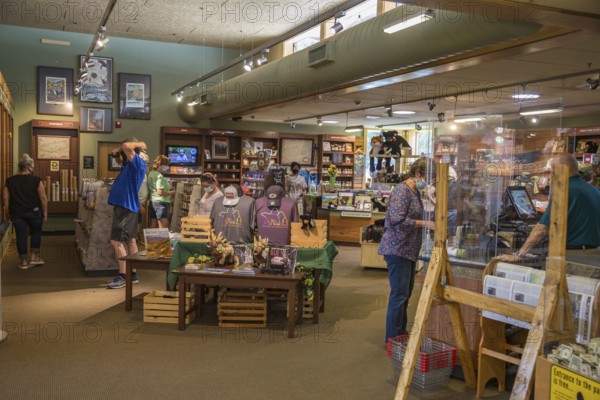 Park guests shopping inside the Oconaluftee Visitor Center at Great Smoky Mountains National Park near Cherokee, North Carolina